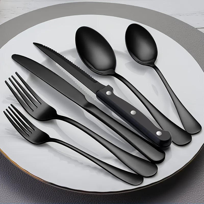 Juego de 24 piezas de cuchillería occidental de alta calidad de acero inoxidable, con cuchillo, tenedor y cuchara. Cuchillo de cuchillo de carne, cuchillo de bistec, cubertería negra. Cubertería de plata de acero inoxidable, cuchillo de postre, tenedor y