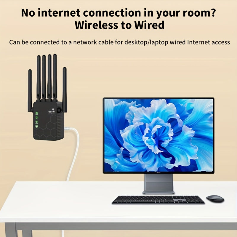 Extensor de red inalámbrica Momotor-WIFI, amplificador de señal de red doméstica, potenciador de WiFi con tasa de 2,4 GHz, potencia tu señal de WiFi, 35 dispositivos en 4 modos de configuración 1-TAP, 6 paquetes de antenas potentes de 360°, cubierta comp