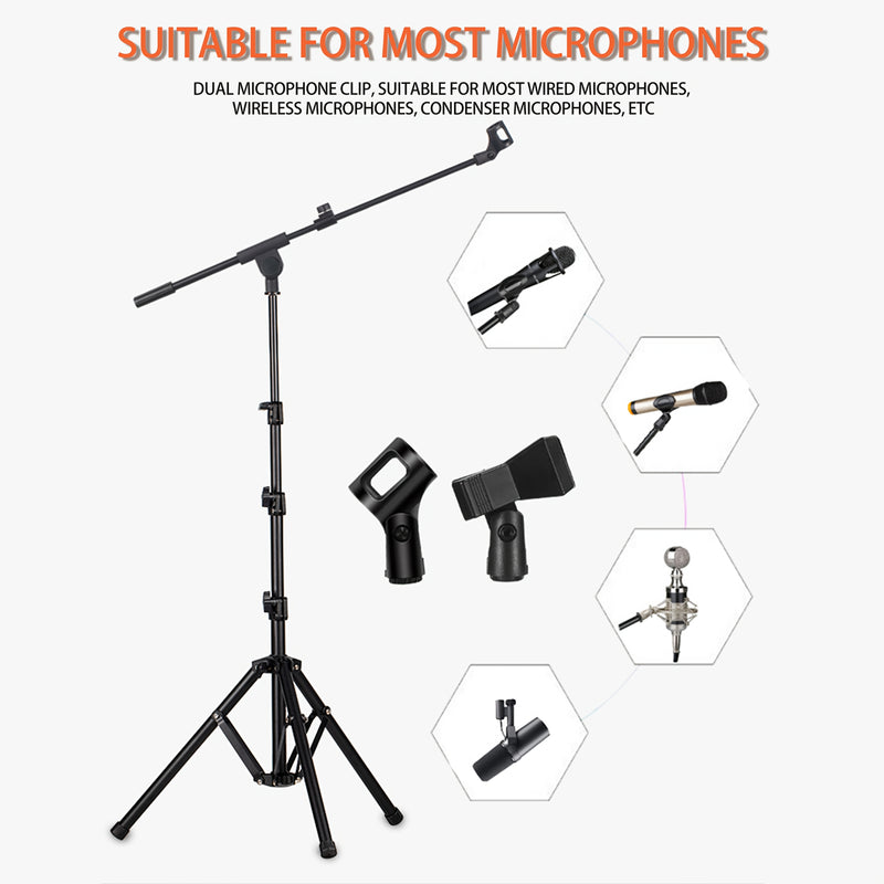 Soporte de micrófono metálico ajustable de alta resistencia - 2 clips de micrófono, adaptador de 3/8" a 5/8", bolsa de transporte incluida para escenario de karaoke, estudio en casa y uso profesional de grabación, soporte de micrófono para cantar, diseño