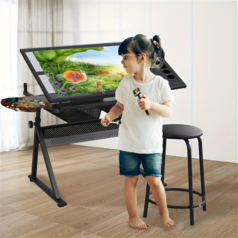 Mesa de dibujo de vidrio negro con cajón lateral y banqueta acolchada en cuero sintético - Sin necesidad de energía eléctrica, diseño sin madera para oficina en casa