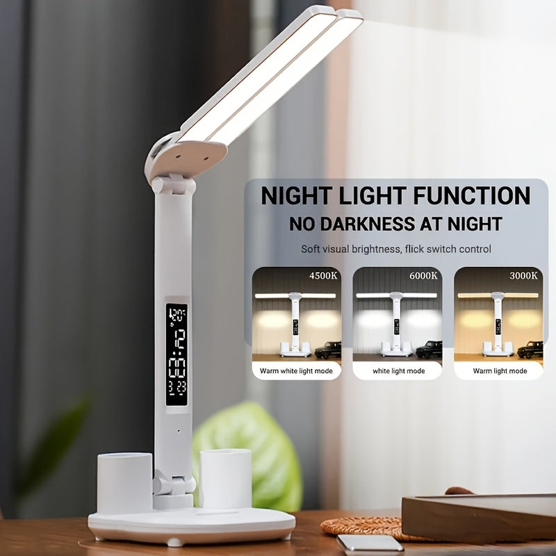 Soporte de bolígrafo de 3 en 1 con doble cabeza, lámpara USB, lámpara de escritorio, luz nocturna, luz de lectura para estudios, luz ambiental decorativa, uso con enchufe USB, control táctil de tres tonos, control de reloj con botón, adecuado para escrit