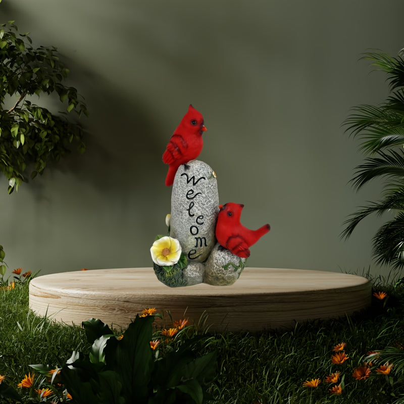 Estatua de pájaro rojo alimentada por energía solar - Decoración de jardín al aire libre con letrero "BIENVENIDO", adorno de césped iluminado, ideal para regalos de Día de la Madre y Día del Padre, escultura de resina eficiente en energía, acento festivo