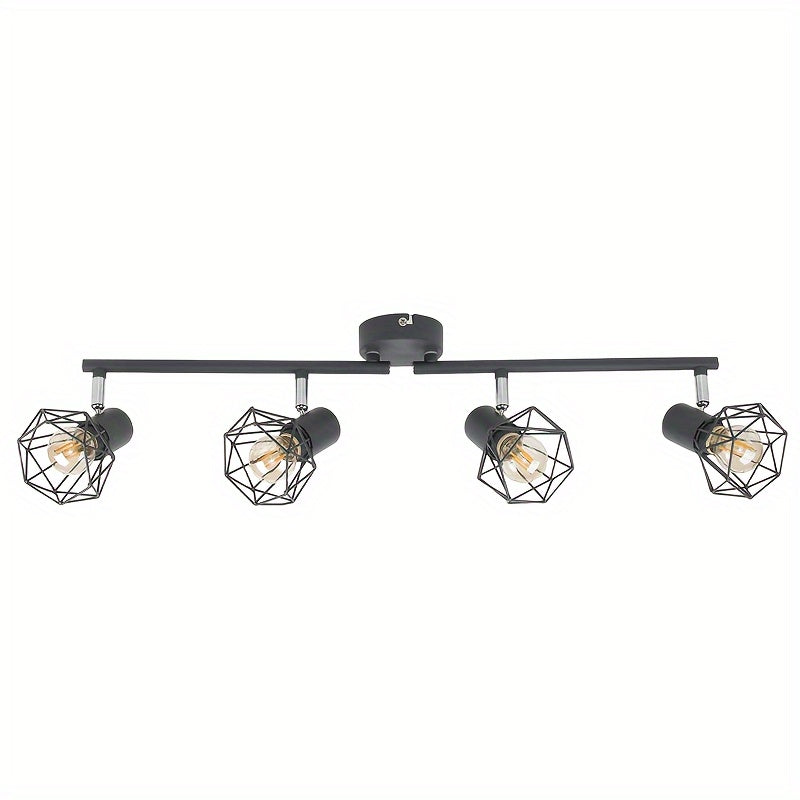 1pc HIMGOR Industrial Luz de techo de montaje semibrillo de 4 luces, jaula de metal negro con base E14, diseño desmontable para dormitorio, sala de estar y comedor - No incluye bombillas, incluye accesorios de instalación, lámpara de techo para sala de e