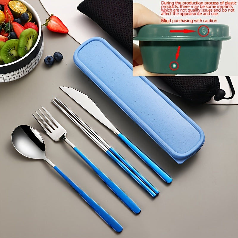 Juego de vajilla portátil redondo de 4 piezas, que incluye tenedor de acero inoxidable, tenedor, cuchara y palillos, con caja de almacenamiento, para viajes al aire libre, picnic, fiesta, residencia, escuela y viajes