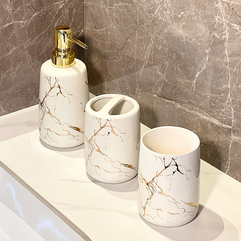 Juego de 4 piezas de cerámica con diseño de mármol para baño, incluye vaso para cepillo de dientes, dispensador de jabón líquido, ideal para hogar, alquiler o hotel