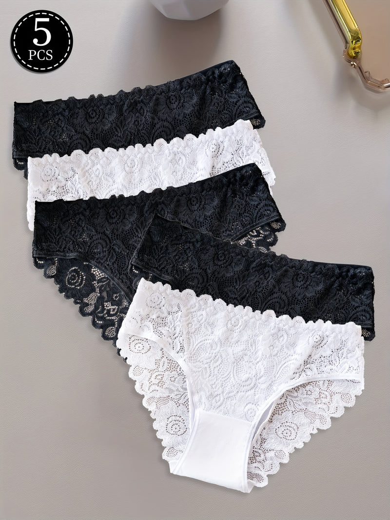 Conjunto de 5 Bragas de Encaje Floral, Bragas Triangulares Cómodas para Mujer con Ribete de Encaje