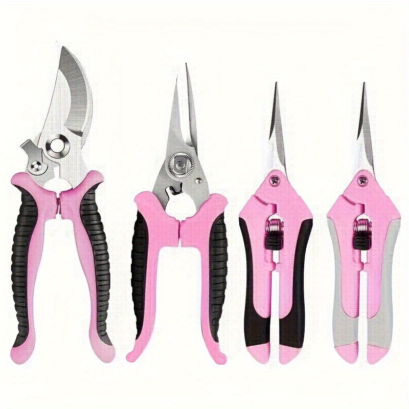 Juego de 4 Tijeras de Poda Profesionales Rosas - Tijeras de Jardinería de Acero Inoxidable para Flores/Ramas, Kit Multiusos Manual