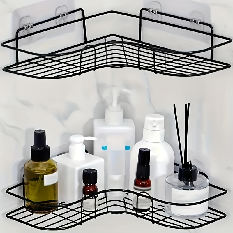 Juego de 2 canastas de almacenamiento sin taladro y ganchos de esquina para baño, dormitorio, clóset, gabinete de cocina, colgadores multiusos de estilo moderno, ganchos utilitarios