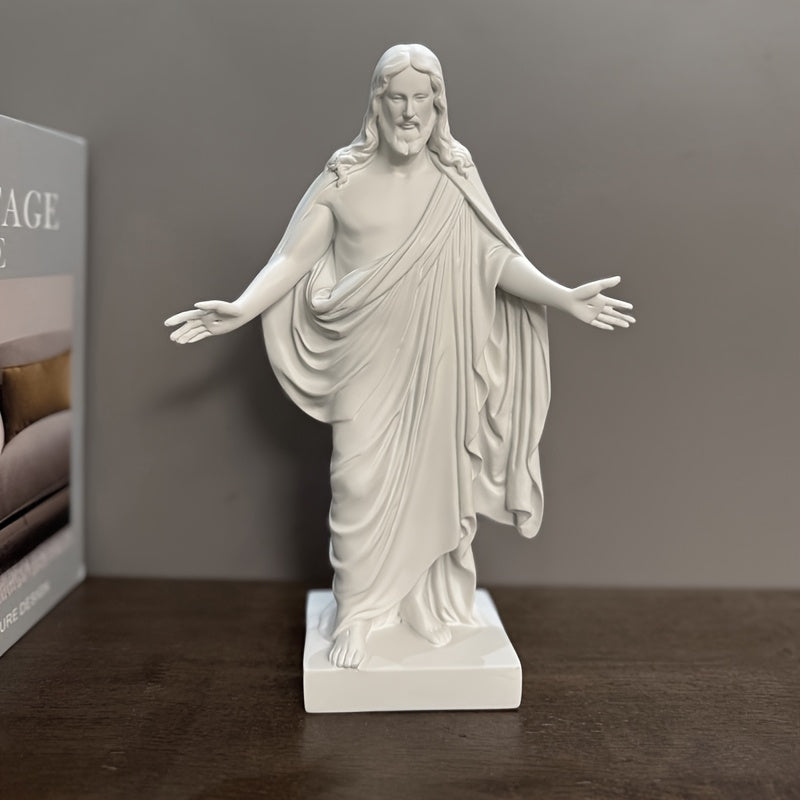 Estatua de Jesús de resina artesanal - Elegantes ropas blancas con halo dorado, decoración serena para interiores, perfecta para sala de estar, regalo ideal para Navidad, Acción de Gracias y devoción cristiana.