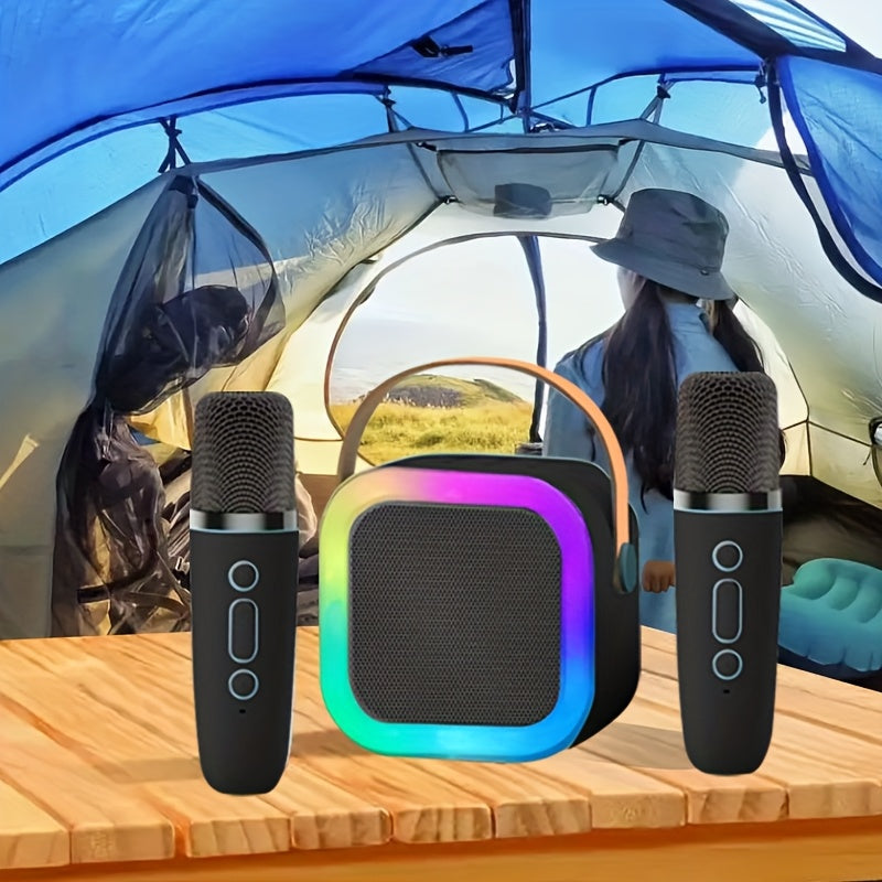 Altavoz portátil inalámbrico K12 con 2 micrófonos inalámbricos - Luces LED de colores, sonido de alta calidad para fiestas en casa, cumpleaños y karaoke - Regalo ideal para vacaciones y picnics al aire libre, entretenimiento al aire libre | Luces LED de