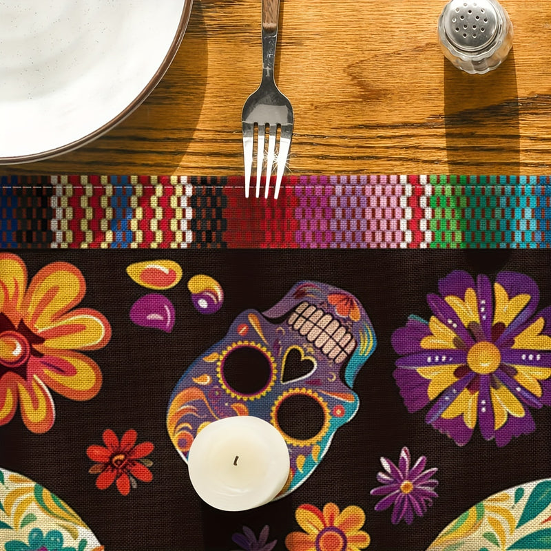 Mantel individual del Día de Muertos mexicano: Flores festivas y calaveras de azúcar decoran su hogar para el Día de los Muertos - Disponible en 5 tamaños
