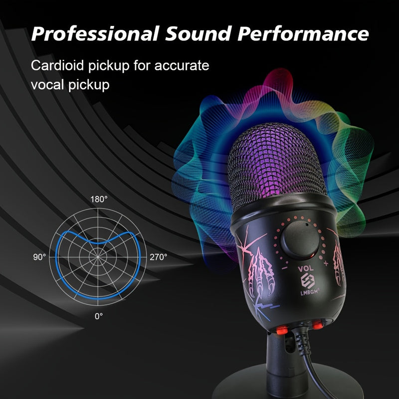 Micrófono condensador USB LMBGM con iluminación RGB, control de volumen, reducción de ruido, conector USB-C, patrón polar unidireccional, para juegos, canto, transmisiones, videoconferencias y podcasting