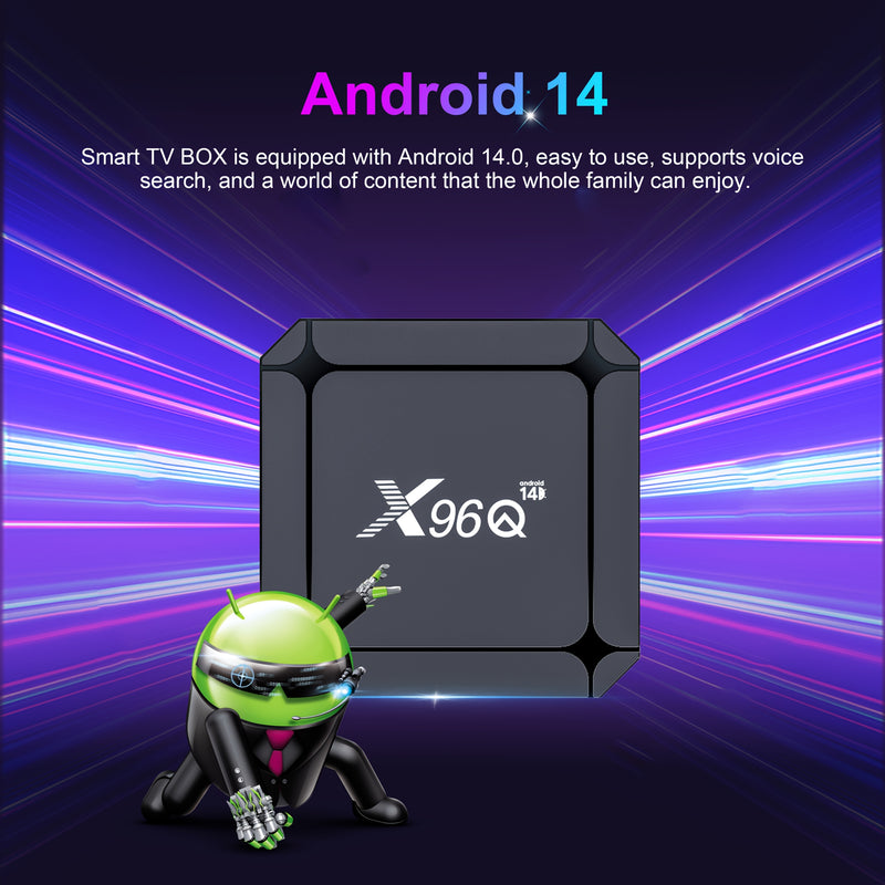 X96Q 3518 Caja de TV inteligente con Android 14, 4K Ultra HD, soporte BT HDR, WIFI6, USB3.0, búsqueda de voz, interfaz de usuario personalizable, chip RK3518 de alta rendimiento de 4 núcleos, procesador gráfico Mail 450, Miracast, DLNA, Airplay, reflejo