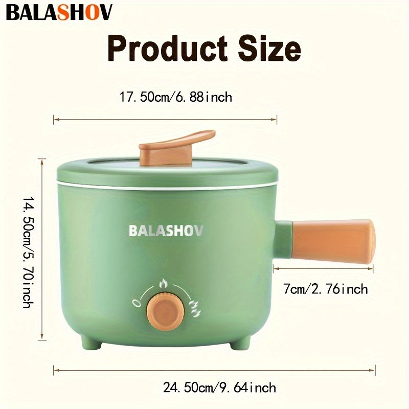 BALASHOV 1.6L Olla Eléctrica Antiadherente con Rejilla de Vapor, Cocinero de Ramen Portátil y Rápido, Ajuste de Potencia, Sartén Antiadherente para Saltear, con Conector US, Alimentación de 110V-130V, para Cocinar Pasta, Fideos, Bistec, Habitación de Res