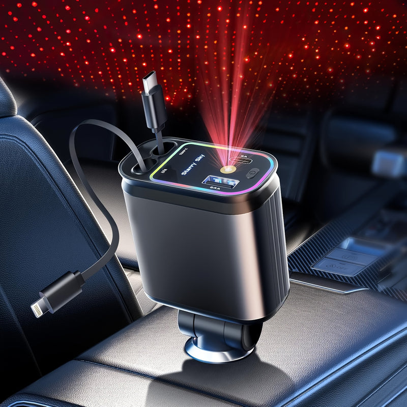 Cargador de auto retráctil SAN.COMO, cargador de auto 4 en 1 con diseño estelar, carga rápida dual USB-C, cable retráctil extensible de 80 cm (doble puerto y doble cable) y 2 puertos USB, adaptador de cargador de auto de 66W, ajuste libre de 180°, diseño