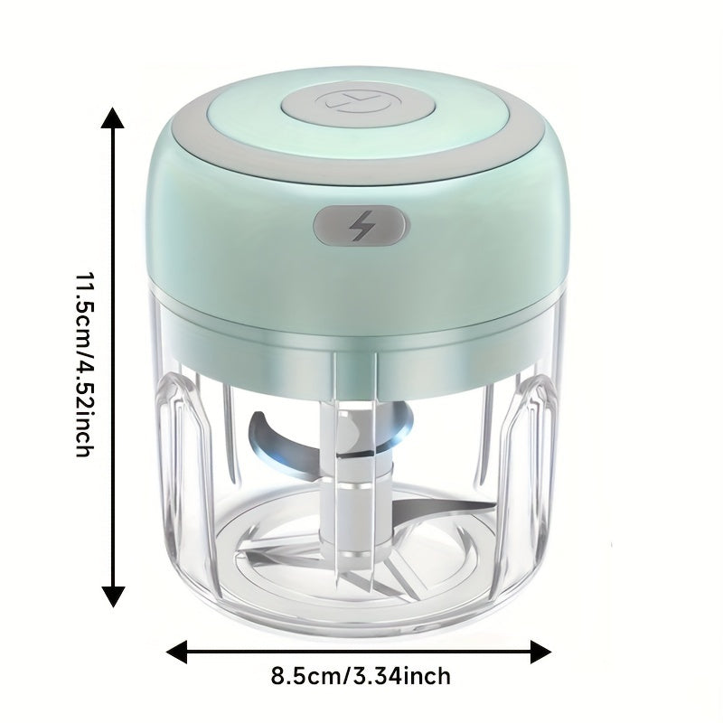 Picadora de ajo eléctrica compacta con una capacidad de 100/250 ml, molinillo de carne alimentado por USB y un diseño robusto para picar ajo, jengibre y verduras, ideal para uso en la cocina.