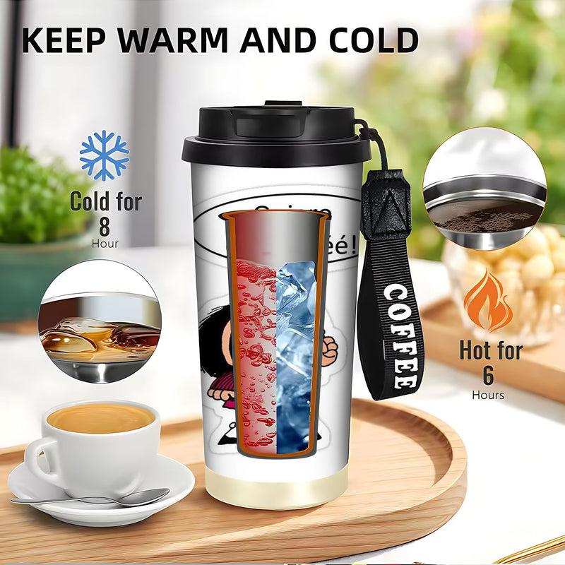 1 ud. Vaso de Acero Inoxidable de 18 oz con Diseño de Dibujos Animados de Mafalda y Texto "¿QUÉ COFFEEEEE!" - Termo Reutilizable Antifugas, Solo Lavado a Mano, Idea de Regalo para Amantes del Café, Accesorios para Cafetería