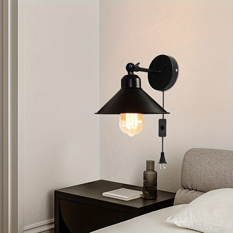2 luces de pared ajustables de ángulo, estilo industrial tradicional, montaje semienterrado, alimentado por enchufe de EE. UU., base de bombilla E26, sombra de hierro, 110-240V, para sala de estar y dormitorio, bombilla no incluida.
