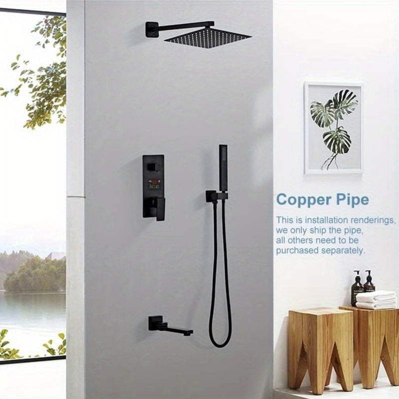 Negro Mate 40.64cm Mango de Ducha de Acero Inoxidable con Flange Azul - Montado en la Pared, Experiencia de Ducha de Lluvia de Ahorro de Espacio, Diseño Recto a Cuadrado para Baños Modernos, Accesorios de Baño | Acabado Negro Brillante | Construcción Dur