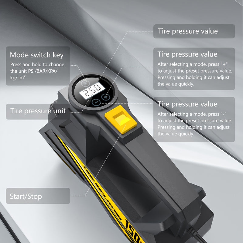 Inflador de neumáticos digital CaRSun, compresor de aire portátil con luz LED para coches, motocicletas, bicicletas - DC 12V, 150 PSI, diseño negro y amarillo, alimentación por enchufe, no requiere batería, inflador de neumáticos para bicicletas | Diseño