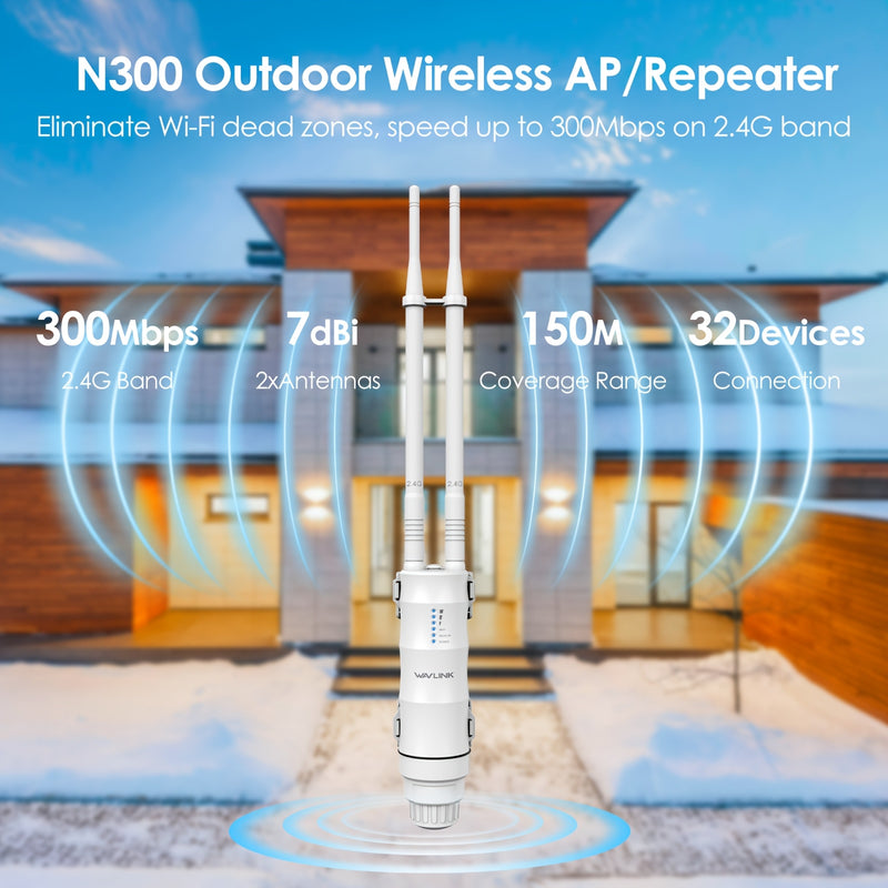 WAVLINK N300 Punto de Acceso Inalámbrico Exterior - Impermeable, Alimentado por PoE, Extensor WiFi de Largo Alcance con Puertos WAN/LAN, Antenas Direcionales 2x7dBi, Modos Versátiles de AP/Enrutador/Repetidor, Resistencia al Clima con Clasificación