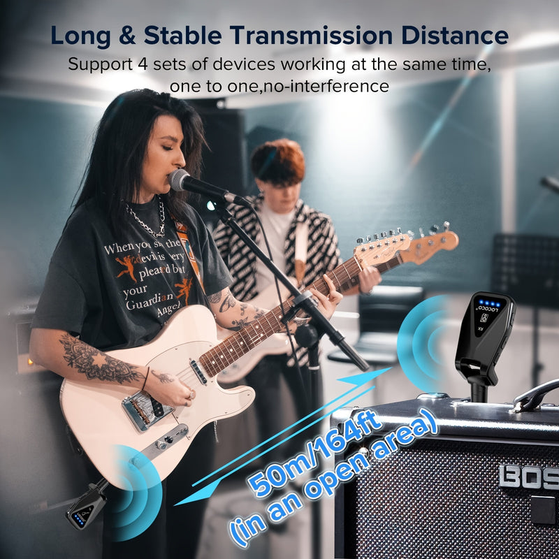 Sistema inalámbrico de guitarra, transmisor y receptor inalámbrico UHF para guitarra con indicador luminoso, 4 canales de audio recargables, alcance de 49,99 metros, Plug and Play, diseño de enchufe giratorio de 280° para guitarra eléctrica, bajo, amplif