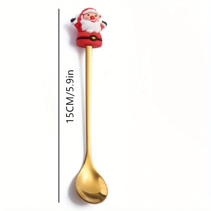 Juego de 4 Cucharas de Café Navideñas - Acero Inoxidable, Diseños de Santa y Reno para Cenas Festivas