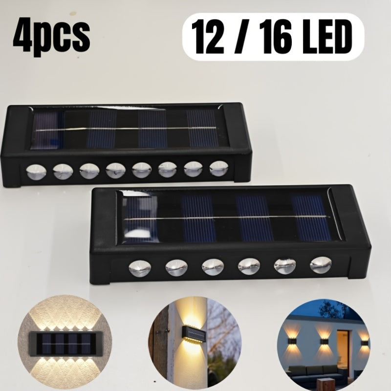 4 piezas de luces solares con 12/16 LEDs, luces para jardín al aire libre para decorar patios y paredes, IP44, para jardín al aire libre, patio, luz ambiental, paisaje moderno de villa, camino, pasillo