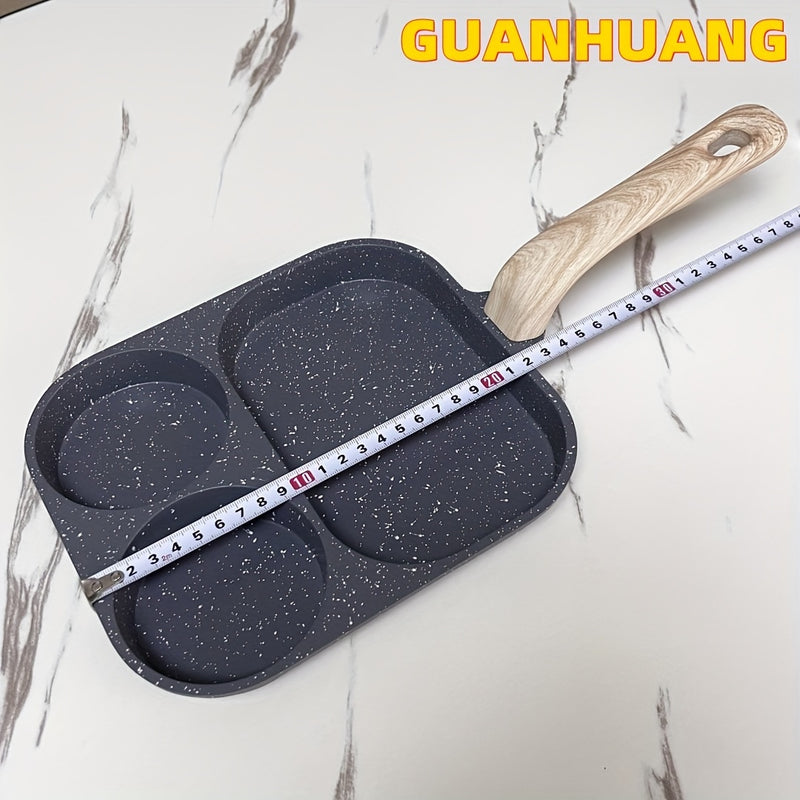 Sartén Antiadherente de Aluminio GUANHUANG para Tortitas y Huevos con Mango de Madera - Diseño de 2 Secciones para Desayunos Perfectos, Compatible con Estufas de Gas e Inducción, Ideal para Huevos, Hamburguesas y Filetes