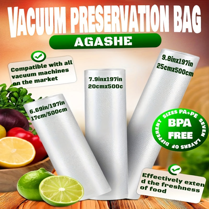 3 Rollos de Bolsas de Almacenamiento al Vacío Reutilizables AGASHE - Sin BPA, Herméticas y Sellado Rápido para Conservación de Alimentos, 3 Tamaños para Todas las Seleradoras al Vacío, Resistentes a la Congelación & Duraderas para Organización de Cocina