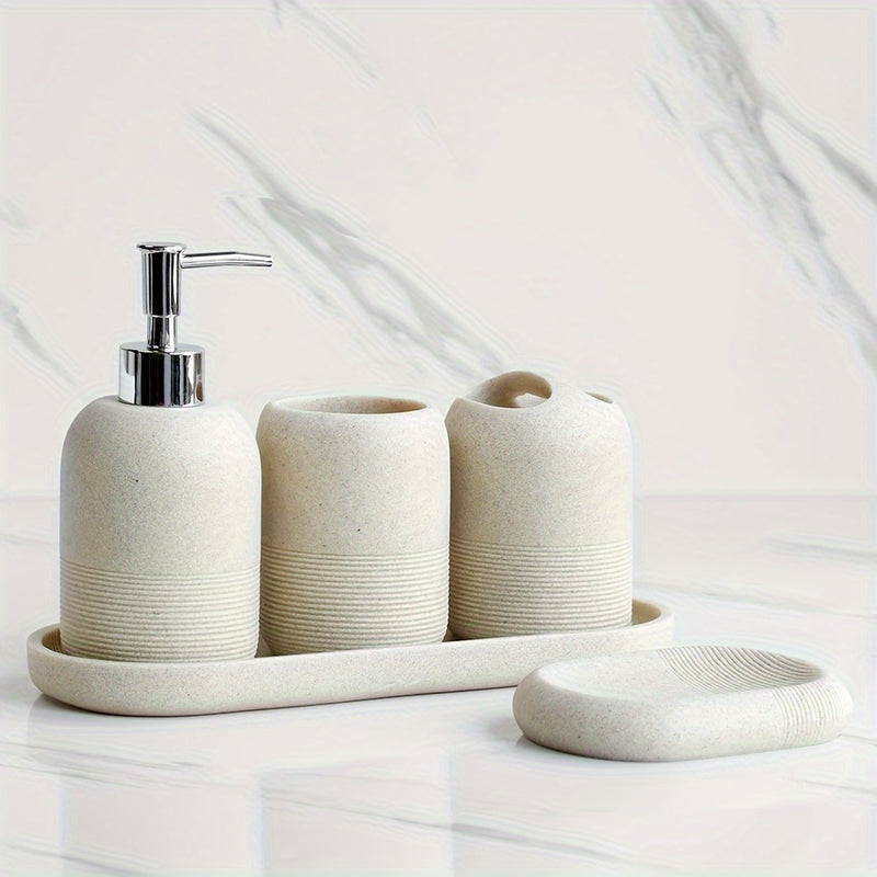 Juego de baño de 5 piezas: dispensador de jabón, taza para enjuague bucal, soporte para cepillos de dientes, jabonera, bandeja con patrón de arenisca amarilla