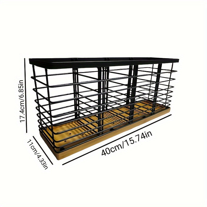 1pc Soporte Ajustable de Utensilios de Cocina de Hierro con 4 Compartimentos, Soporte de Metal Negro Mate con Base de Madera, Organizador de Almacenamiento de Utensilios de Cocina Estilo Granja para Encimeras, Accesorios de Cocina