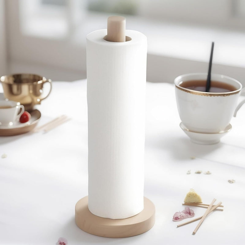 Juego de soporte de pañuelos simples - un dispensador de madera independiente para cocina y baño, con un soporte redondo de 24,38 cm de altura y un diámetro de base de 7,62 cm, diseñado para instalación autoadhesiva.
