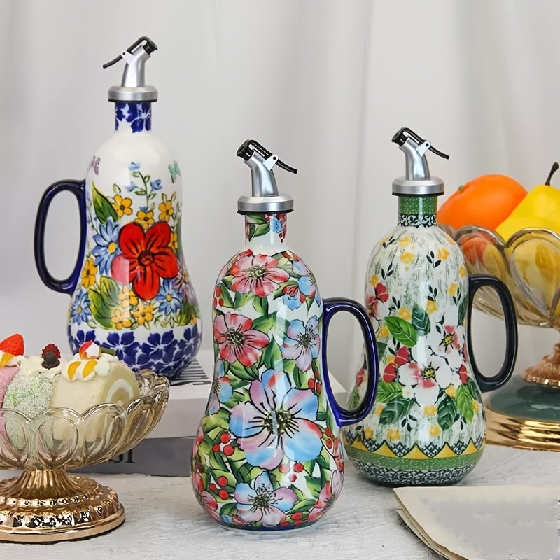 1pc Olla de cerámica para aceite, bomba de aceite de oliva de cerámica pintada a mano y asa, botella de aceite de cocina, elegante diseño floral, gran capacidad, accesorios de cocina, decoración de cocina para el hogar.