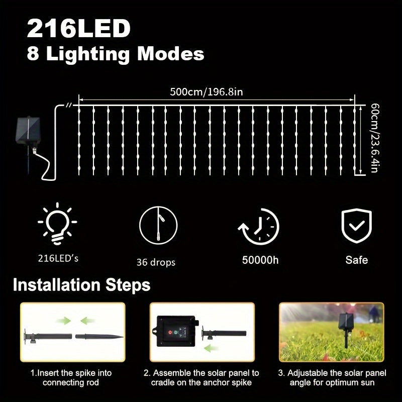 Luces de cascada con energía solar AMill - 59.98 metros x 7.19 metros, 216 luces LED, 8 modos con control remoto, perfectas para jardín, balcón, decoración de cumpleaños y bodas