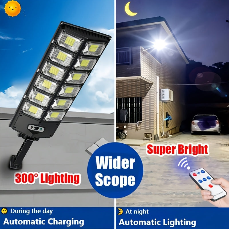 1 lámpara de calle solar, 504×6500K LEDs con lente. Luz automática de puesta de sol a amanecer alimentada por energía solar para estacionamientos; sensor de movimiento de ángulo amplio y farola controlada a distancia. Ideal para iluminación comercial/cor