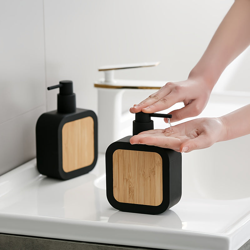 Dispensador de Jabón Negro Elegante con Tapa de Bambú - Plástico Libre de Ftalatos, Ideal para Baño y Cocina, Diseño Independiente, No Necesita Energía, Dispensador de Jabón para Baño