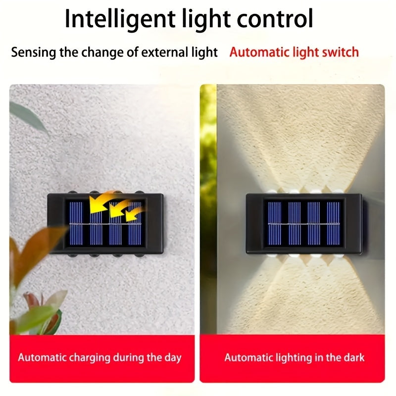2 pzas. luces solares para pared con 8 LED, decoración exterior con luz cálida amarilla, ideal para hogar, jardín, cerca, patio, montaje semiempotrado, batería de níquel, carga solar, luz para pared de jardín, luz moderna para pared, plástico duradero