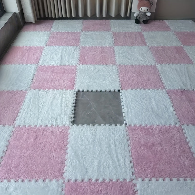 24 piezas de tapetes de peluche entrelazados - Diseño a cuadros en azul y gris, material lavable de EVA y poliéster, perfectos para decorar la sala, habitación o cuarto de juegos