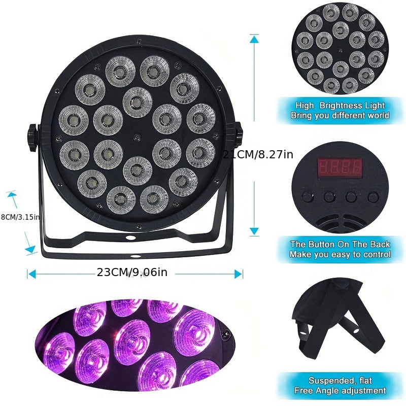 Luz LED Profesional de Escenario, 18x12W 4-en-1 RGBW Luz LED Profesional de Escenario con Control DMX, Diseño Flat Par, Soportes y Enchufe de Energía para DJs, Bodas y Fiestas