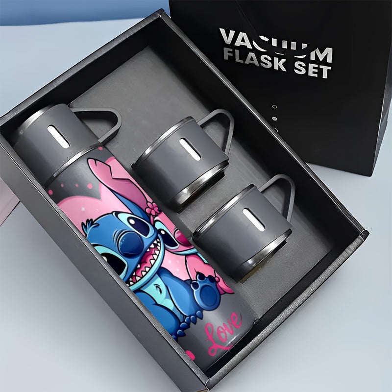 Juego de 1 termo de acero inoxidable Disney Stitch de 17 oz, taza térmica a prueba de fugas con 3 tazas para bebidas frías y calientes, ideal para viajes de negocios y útiles escolares, modelo LHB03211