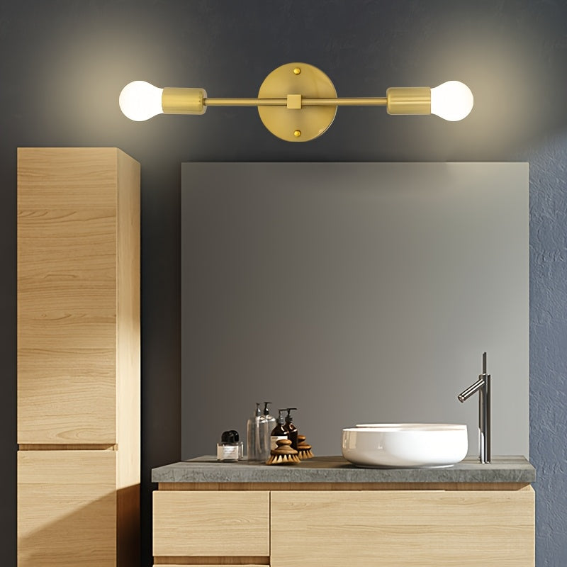 2 piezas, luz de pared clásica de doble cabeza, dorado mate, material de hierro, instalación horizontal/vertical, adecuada para baño, tocador, cabecera de cama, cocina, sala de estar, balcón, espacio interior, base E27, bombilla no incluida.