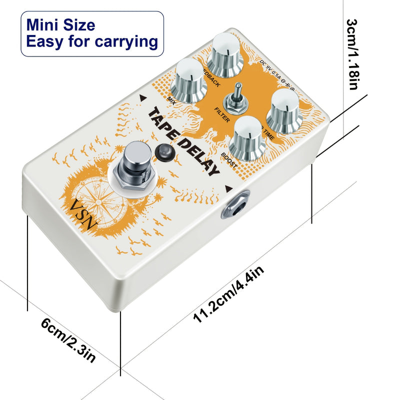 Pedal de Retardo VSN para Guitarra Eléctrica, Pedal Analógico con Efecto Eco y Combinación de Retardo y Bajo, Ajuste de Rango Amplio de Retardo, Cinta Blanca con Efecto Reverb Boost y True Bypass