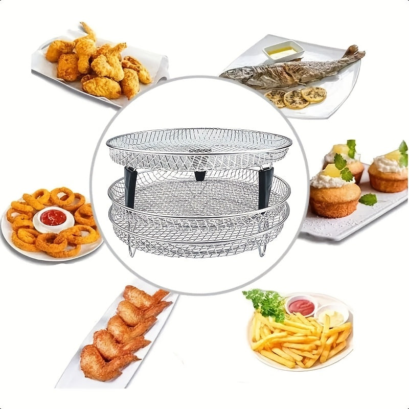 Juego de 8 Piezas para Freidora de Aire: Rejilla Apilable, Pinzas y Alfombrilla Reforzada - Rejilla de 3 Niveles para Cocina Saludable y Deshidratación, Compatible con Lavavajillas, Horno, Olla a Presión y la Mayoría de Freidoras de Aire, Herramientas Mu