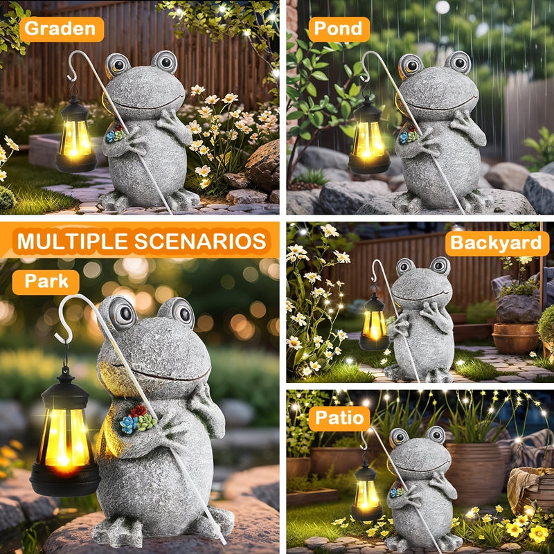 Estatua de rana con luz LED alimentada por energía solar, escultura de jardín de resina, tema animal, iluminación de paisaje eficiente en energía, con panel fotovoltaico extraíble, control de interruptor, batería de níquel de 300mAh, para jardín, césped,