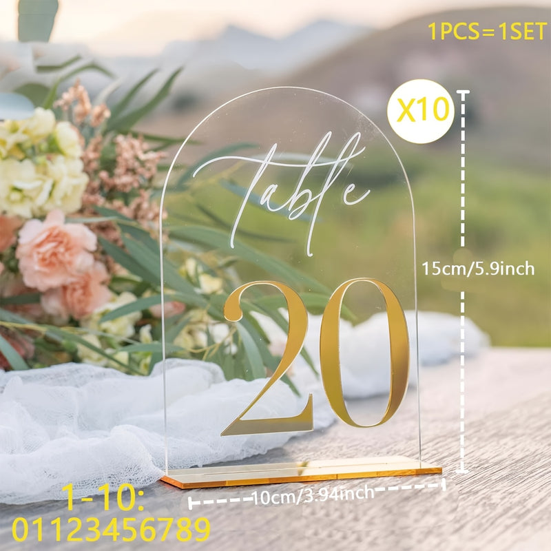 1 SET de números de mesa de boda de acrílico del 1 al 10 con soporte 10 x 15cm Números dorados elegantes Acrílico grueso y duradero Indicador de número de mesa adecuado para recepción, cumpleaños, aniversarios, decoración de centro de mesa de bodas, etc.