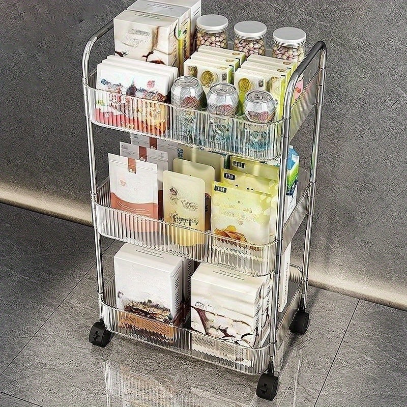 Carro de Almacenamiento Acrílico con Ruedas de Tres Niveles, Organizador Transparente Multicapa con Marco Triple de Aluminio para Baño, Cocina y Sala | Diseño Giratorio 360°, Estructura Moderna en Plástico Portátil para Fácil Acceso