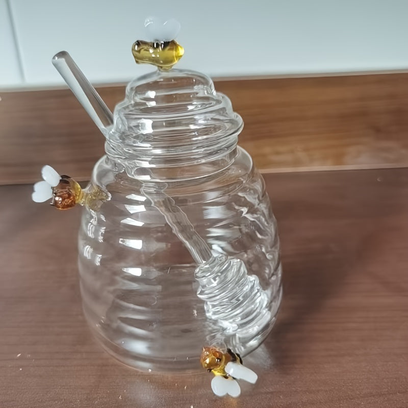 Tarro dispensador de miel de vidrio de 500ml/16.9oz con cucharón - Decoraciones de abeja bumble, Empaquetado inquebrantable, Vidrio resistente al calor, Esencial de cocina