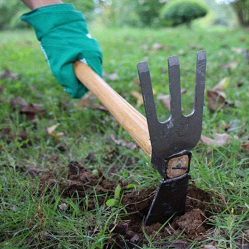 Hacha de doble cara de gran resistencia con mango de madera - Ideal para plantar flores y verduras, jardinería en casa y proyectos de arte | Cabeza de metal robusta, dientes afilados, herramienta de jardinería