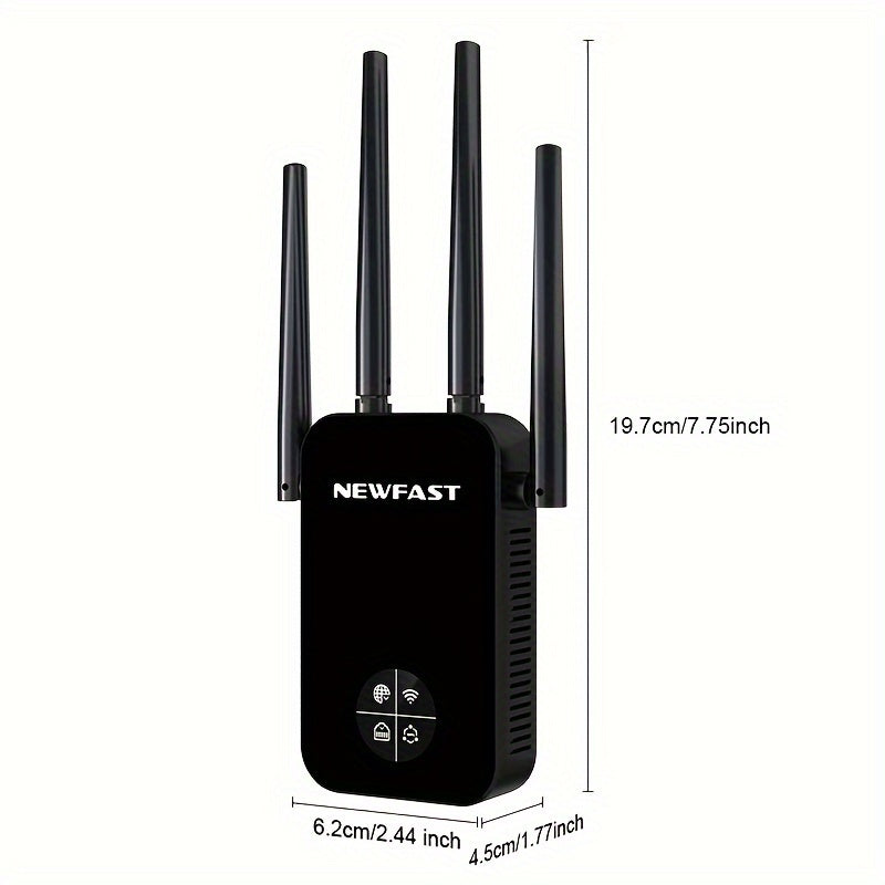 Repetidor Extenso de WiFi NEWFAST 1200Mbps, Modelo OLED 5G AC1200 con 4 Antenas, Amplificador de Largo Alcance, Enchufe Estadounidense, Compatible con 802.11ac, Repetidor Inalámbrico de Alta Potencia para Mejorar el Rango de la Red, Extensor de Wifi